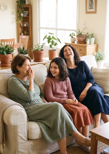 שלושה דורות יושבים יחד על ספה וצוחקים