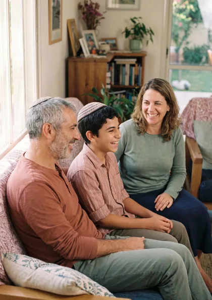 שלושה דורות יושבים יחד על ספה וצוחקים