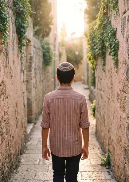נער הולך בשביל אבן בין קירות ישנים באור זהוב