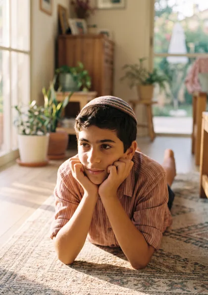 נער שוכב על שטיח, סנטר על הידיים, מביט הצידה