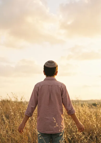 נער עומד בשדה עשב גבוה בשעה זהובה, גבו למצלמה